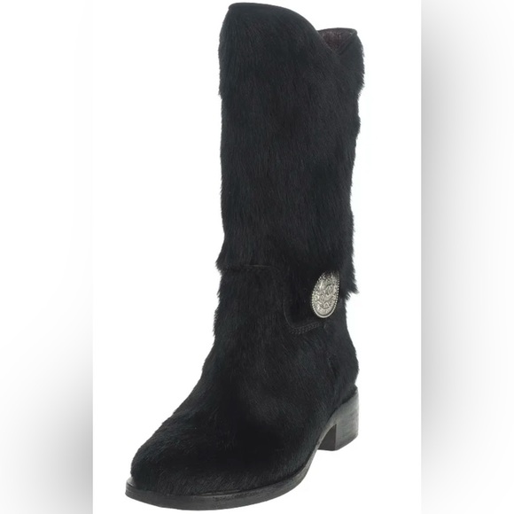 CHANEL BLACK MEDALLION CC LOGO BOOTS PONY HAIR FUR SZ 37.5 - Picture 3 of 10